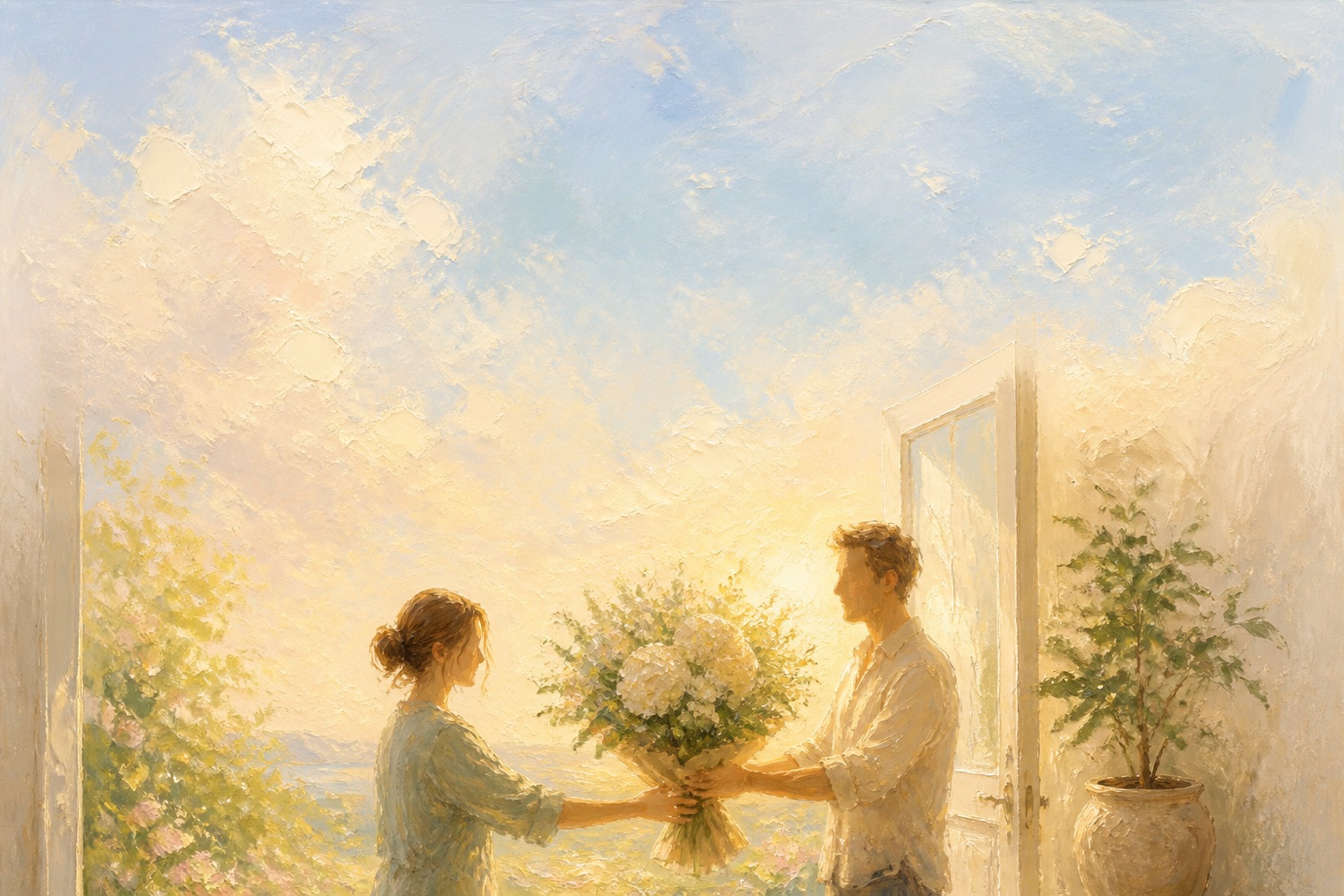 明るい玄関で、花束を手渡しているふたりの油彩イラスト