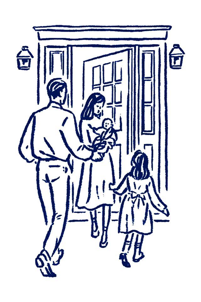 玄関から入っていく家族4人を後ろから見た線画イラスト